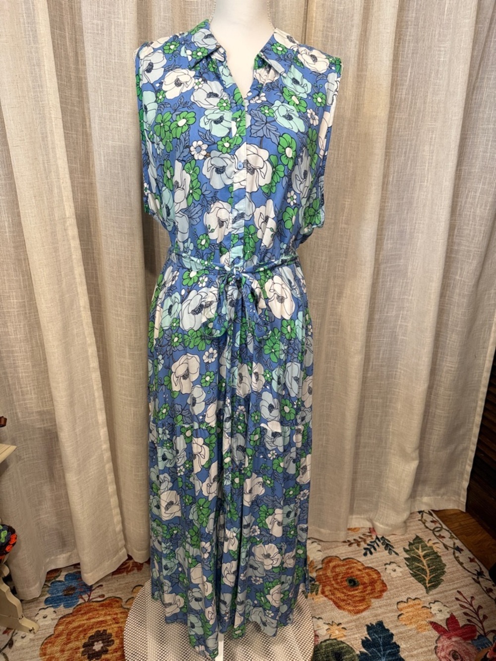 Croft & Barrow Blue Green Floral Maxi Dress Belted Shirt Dress-Size PXXL